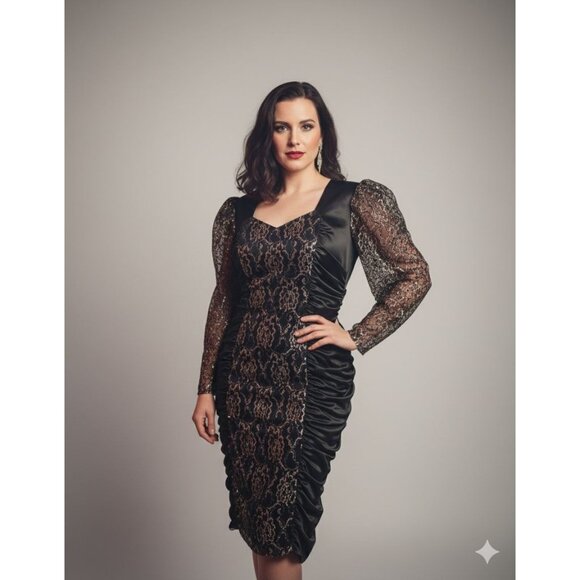 Vintage 80s Mayvens of California Black & Silver Ruched Cocktail Dress | Size 18 - Picture 1 of 8